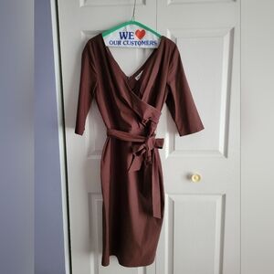 Flattering, Form Fitting Brown Faux Wrap Dress With Tie At Waist, Size L